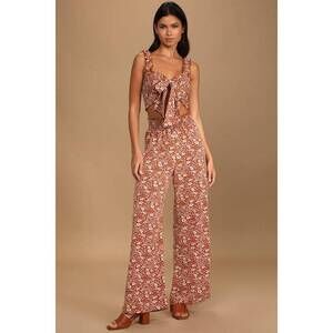 Lulus Beneath The Sun Brown Floral Print Two-piece Wide-leg Jumpsuit - Size S